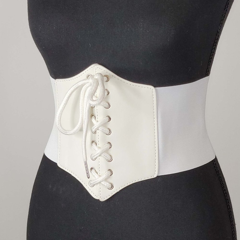 White Faux Leather Lace Up Corset Belt